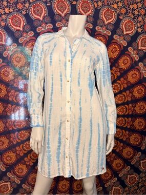 Hatley ‘Cara’ White and Light Blue Tie-Dye Long Sleeve Shirt Dress